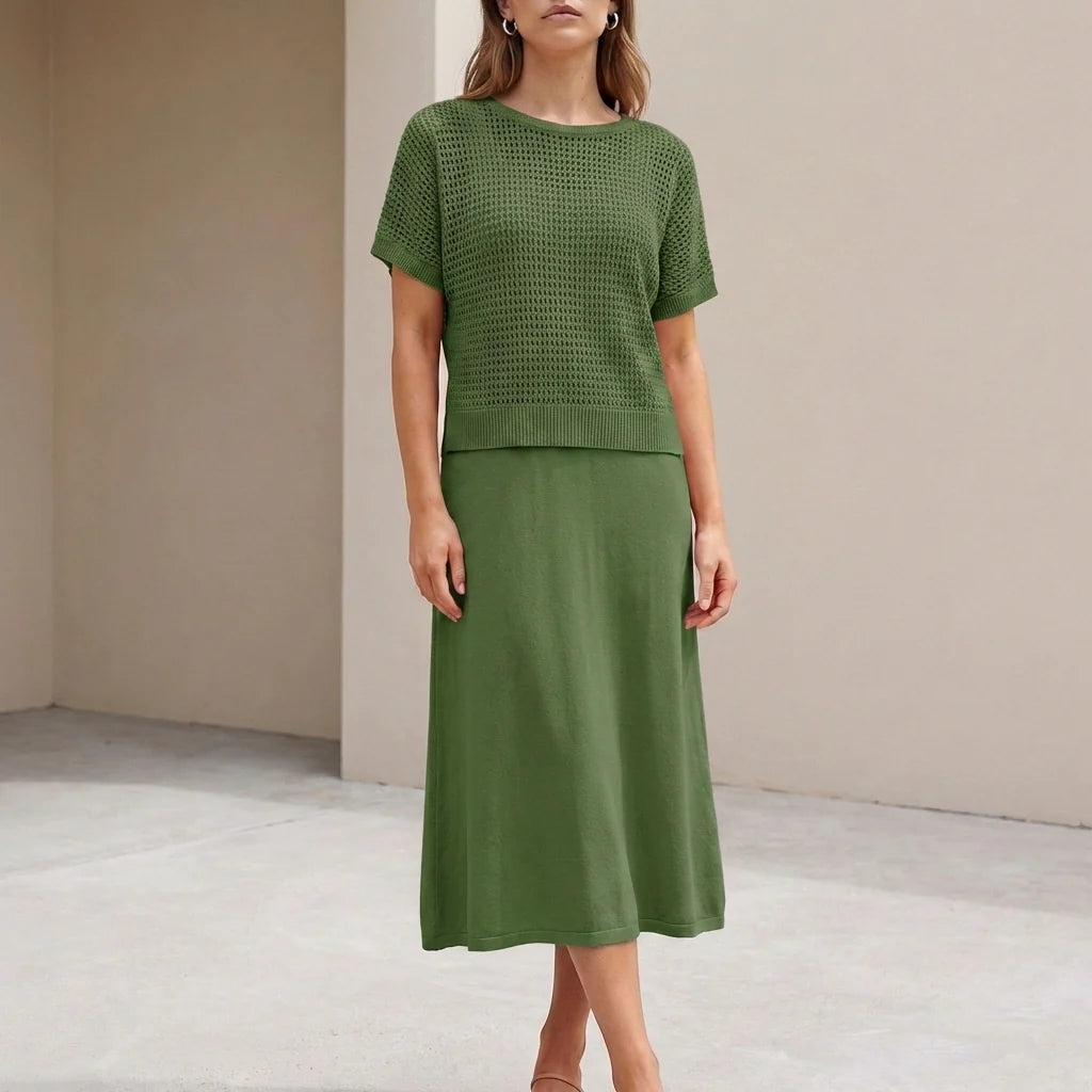 Tweedelige Set met Midi-jurk en Cropped Mesh Top – Verfijnd & Zomers – Cléonelle