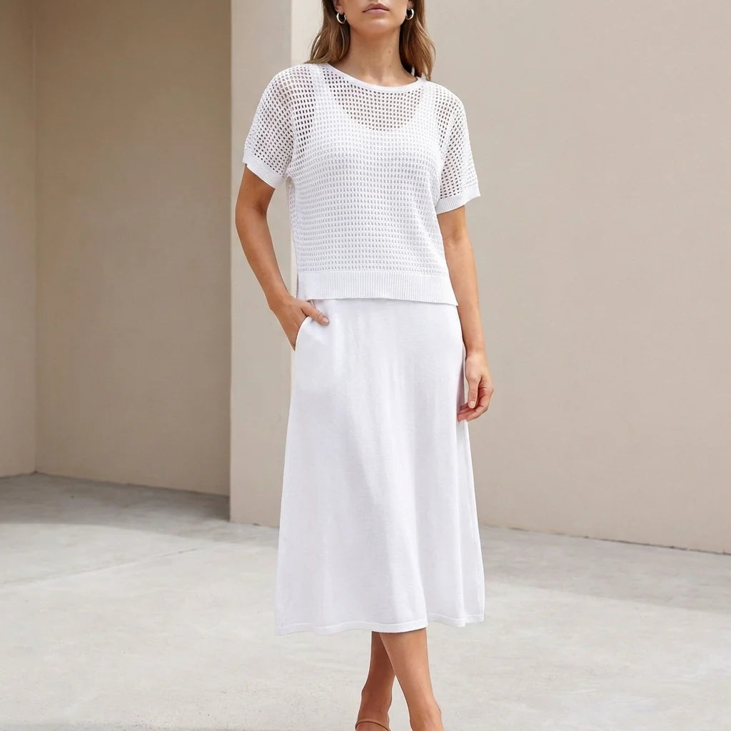 Tweedelige Set met Midi-jurk en Cropped Mesh Top – Verfijnd & Zomers – Cléonelle
