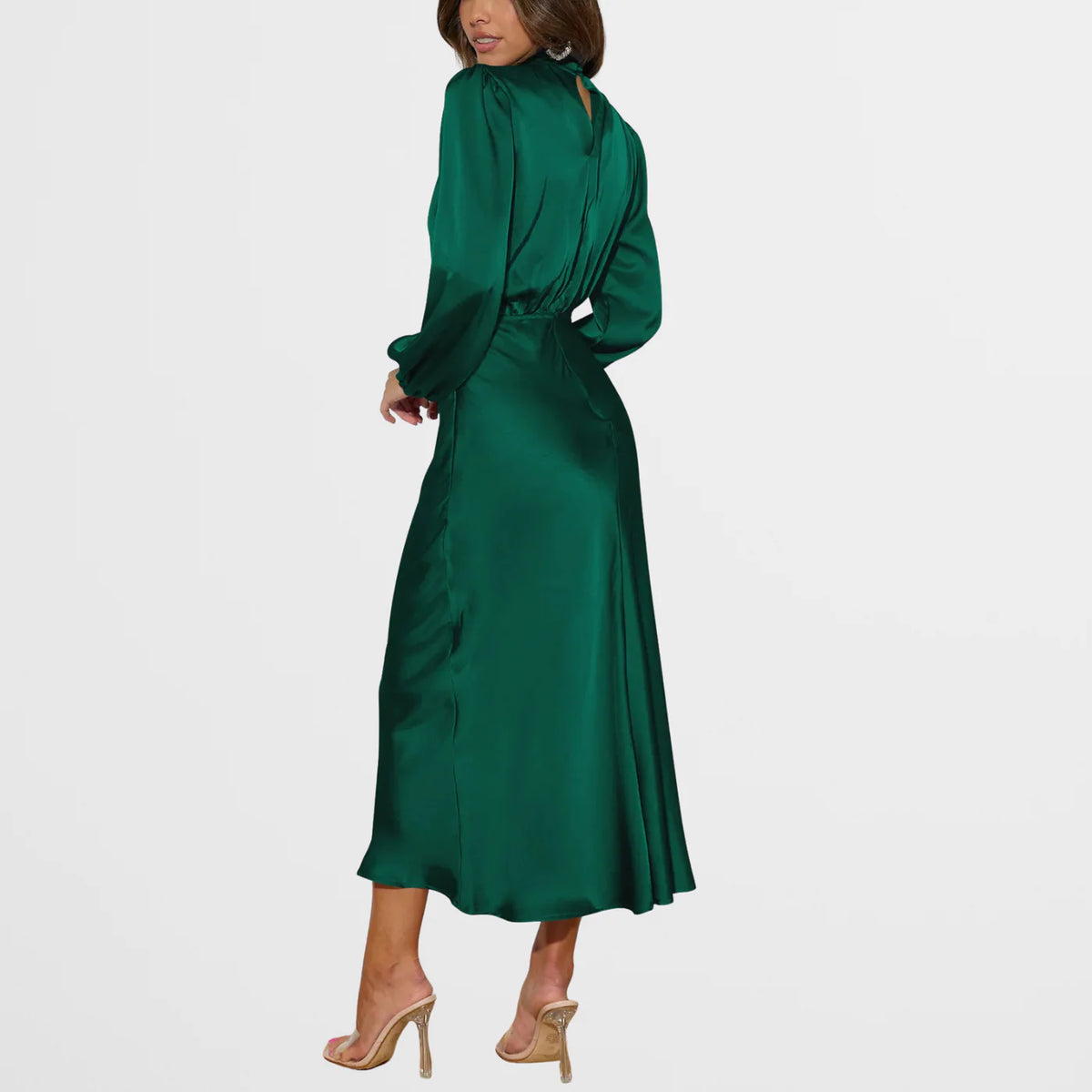 Midi Jurk met Satijnen Look, Hoge Hals en Lange Mouwen – Elegant & Feestelijk – Clotilde
