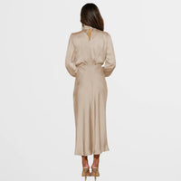 Midi Jurk met Satijnen Look, Hoge Hals en Lange Mouwen – Elegant & Feestelijk – Clotilde