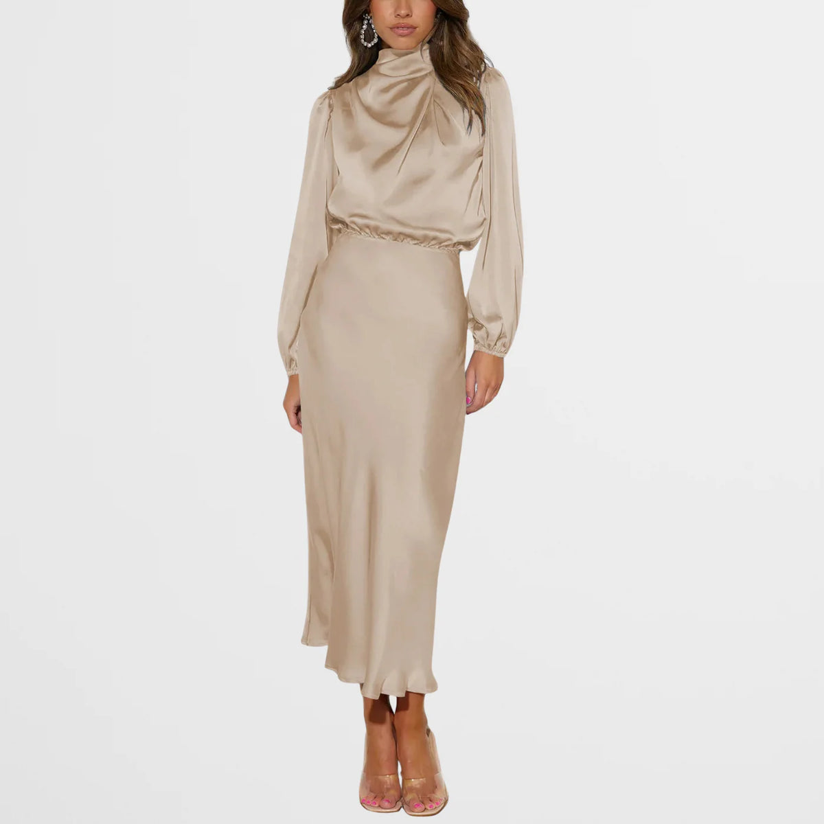 Midi Jurk met Satijnen Look, Hoge Hals en Lange Mouwen – Elegant & Feestelijk – Clotilde