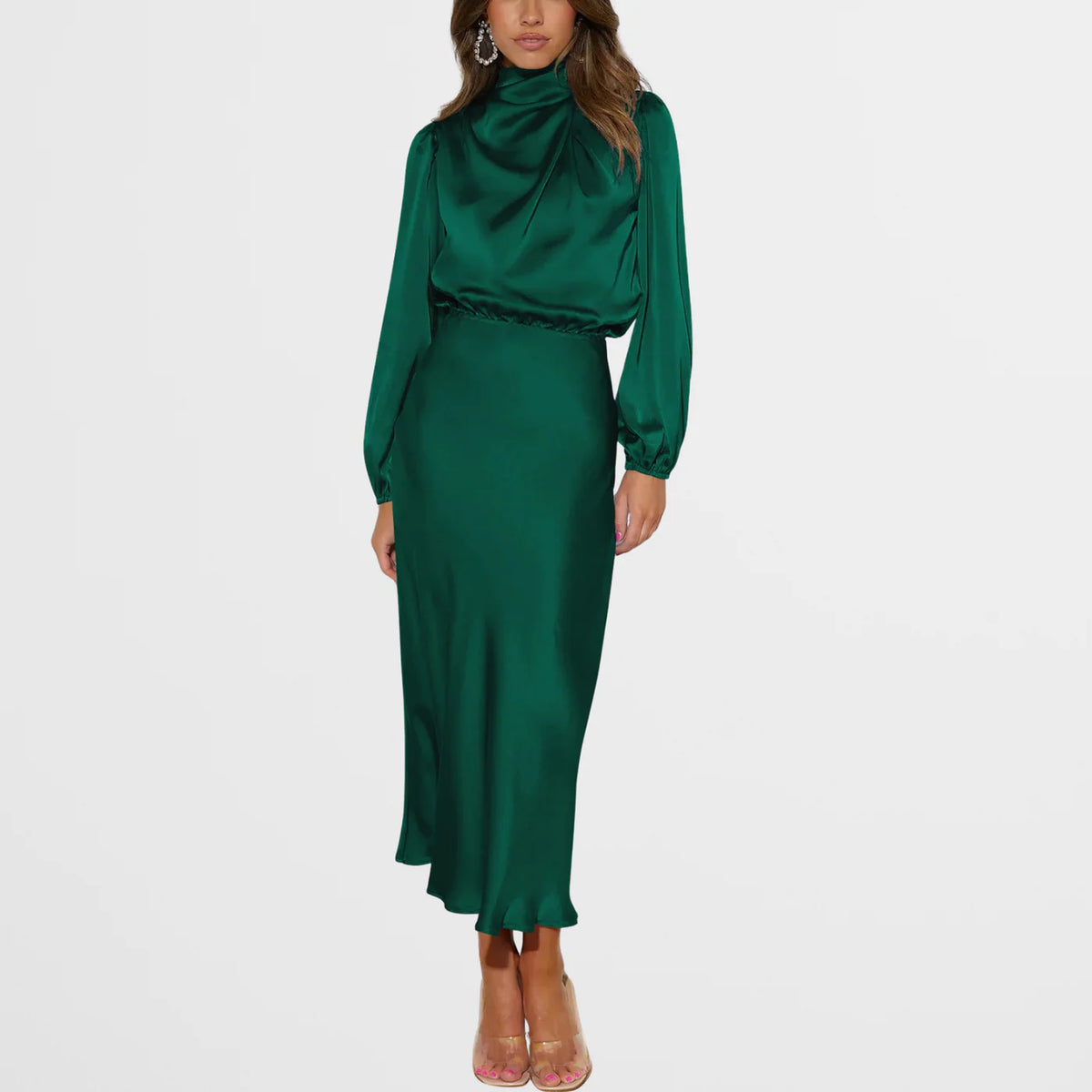 Midi Jurk met Satijnen Look, Hoge Hals en Lange Mouwen – Elegant & Feestelijk – Clotilde