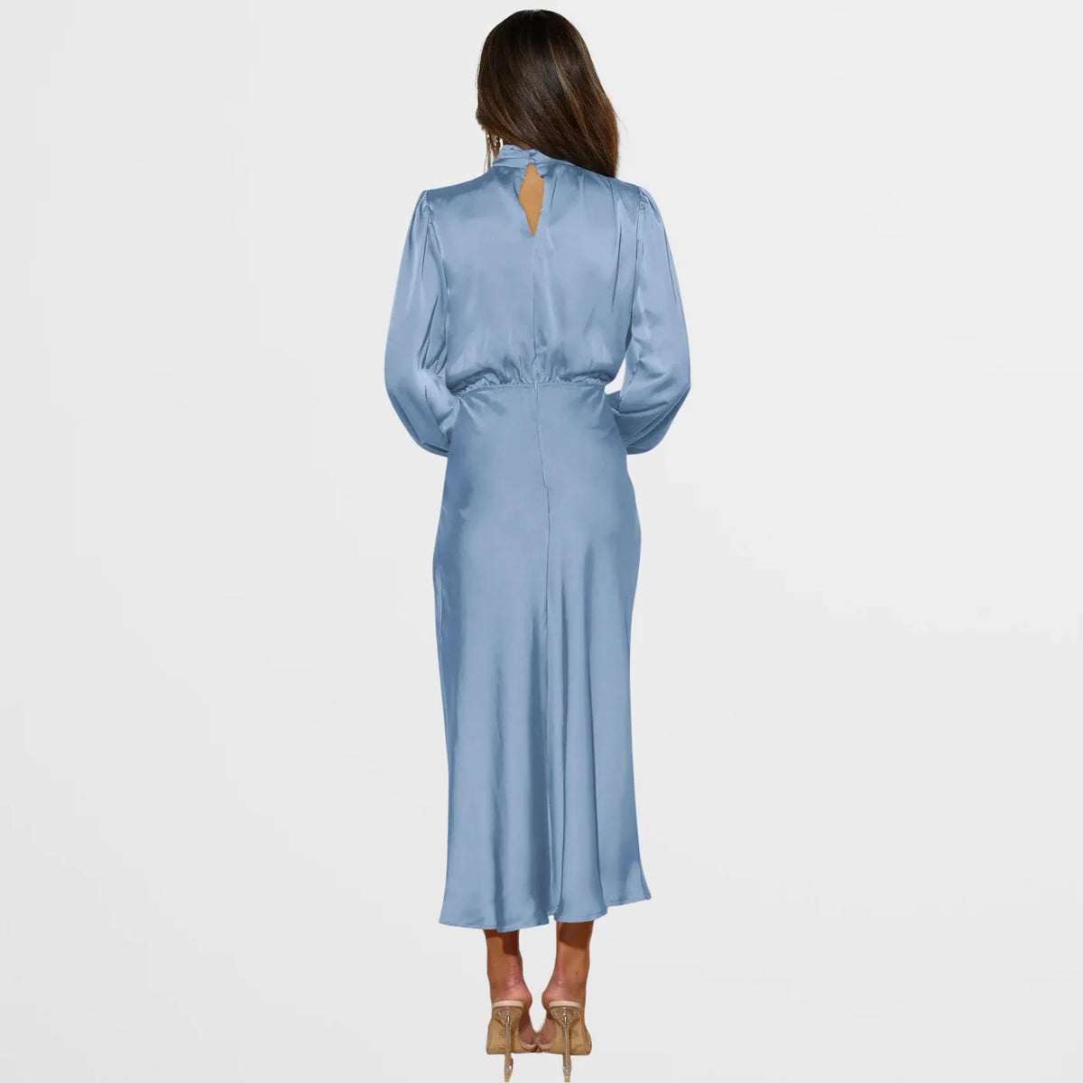 Midi Jurk met Satijnen Look, Hoge Hals en Lange Mouwen – Elegant & Feestelijk – Clotilde