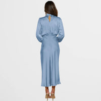 Midi Jurk met Satijnen Look, Hoge Hals en Lange Mouwen – Elegant & Feestelijk – Clotilde