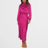Midi Jurk met Satijnen Look, Hoge Hals en Lange Mouwen – Elegant & Feestelijk – Clotilde