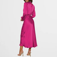 Midi Jurk met Satijnen Look, Hoge Hals en Lange Mouwen – Elegant & Feestelijk – Clotilde