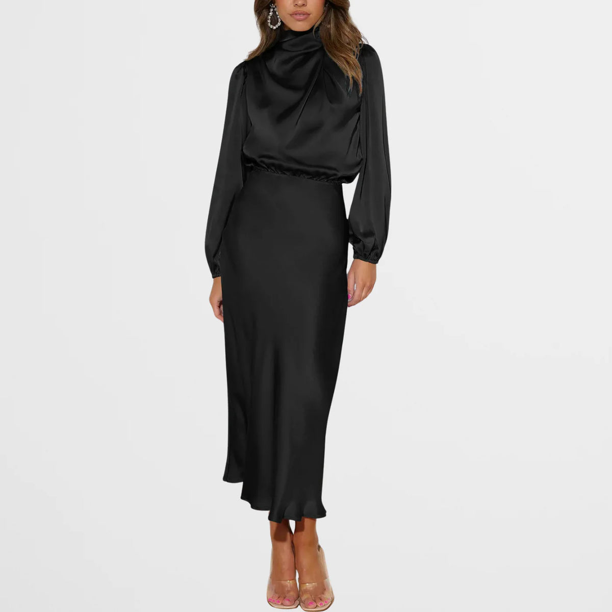 Midi Jurk met Satijnen Look, Hoge Hals en Lange Mouwen – Elegant & Feestelijk – Clotilde