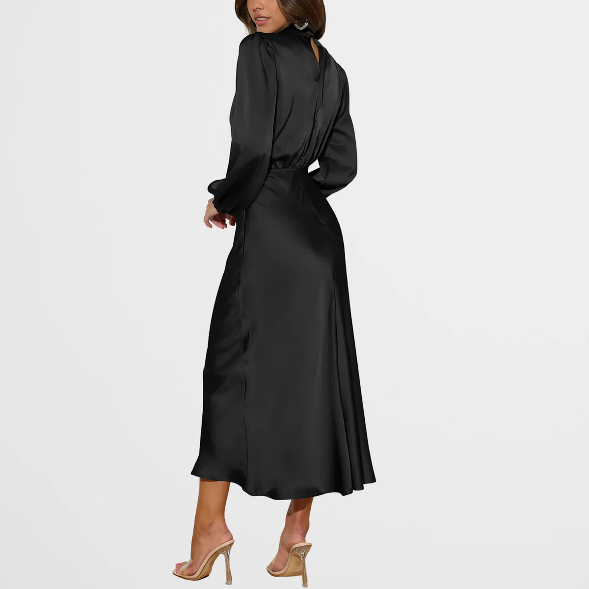 Midi Jurk met Satijnen Look, Hoge Hals en Lange Mouwen – Elegant & Feestelijk – Clotilde