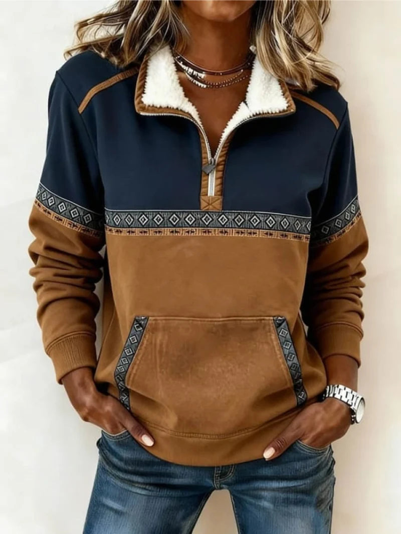 Cognac dames sweater met halve rits, sherpakraag en buidelzak