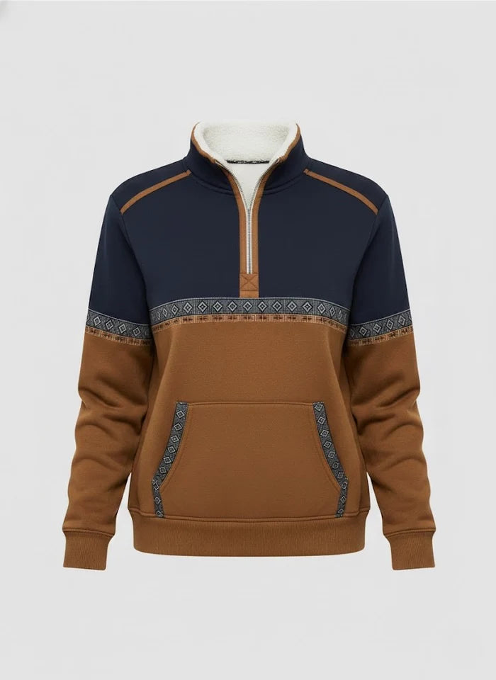 Cognac sweater met donkerblauw bovenstuk, sierband en geribde boorden