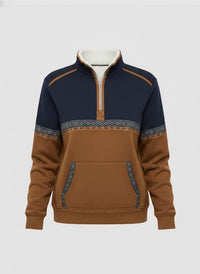 Cognac sweater met donkerblauw bovenstuk, sierband en geribde boorden