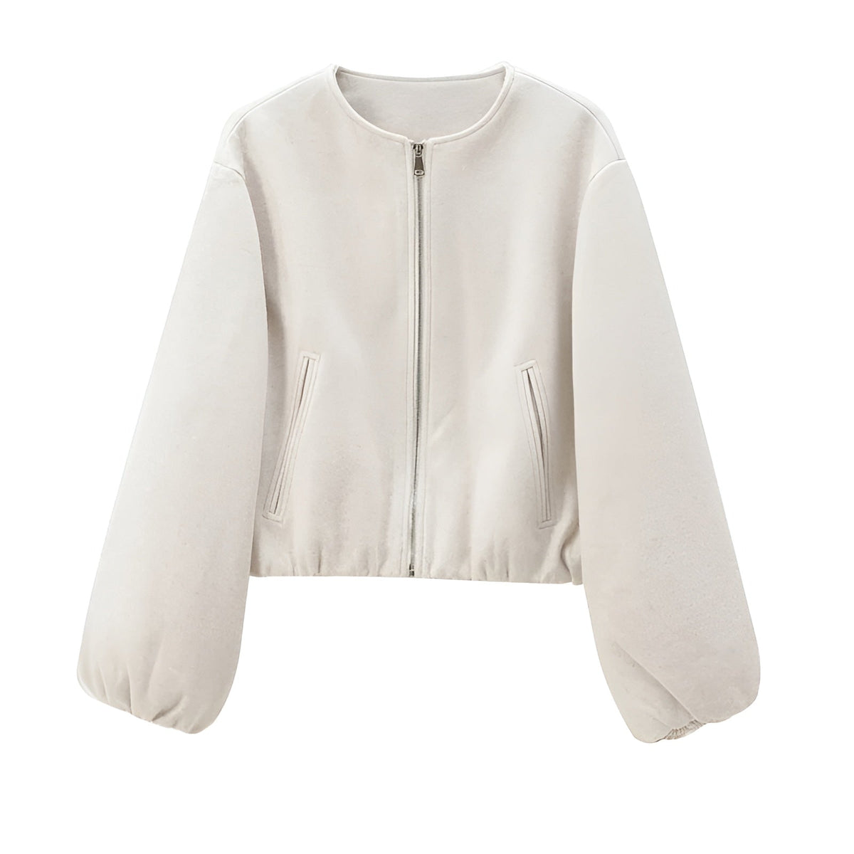 Crème cropped bomberjas dames met ballonmouwen en rits, voorkant