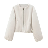 Crème cropped bomberjas dames met ballonmouwen en rits, voorkant
