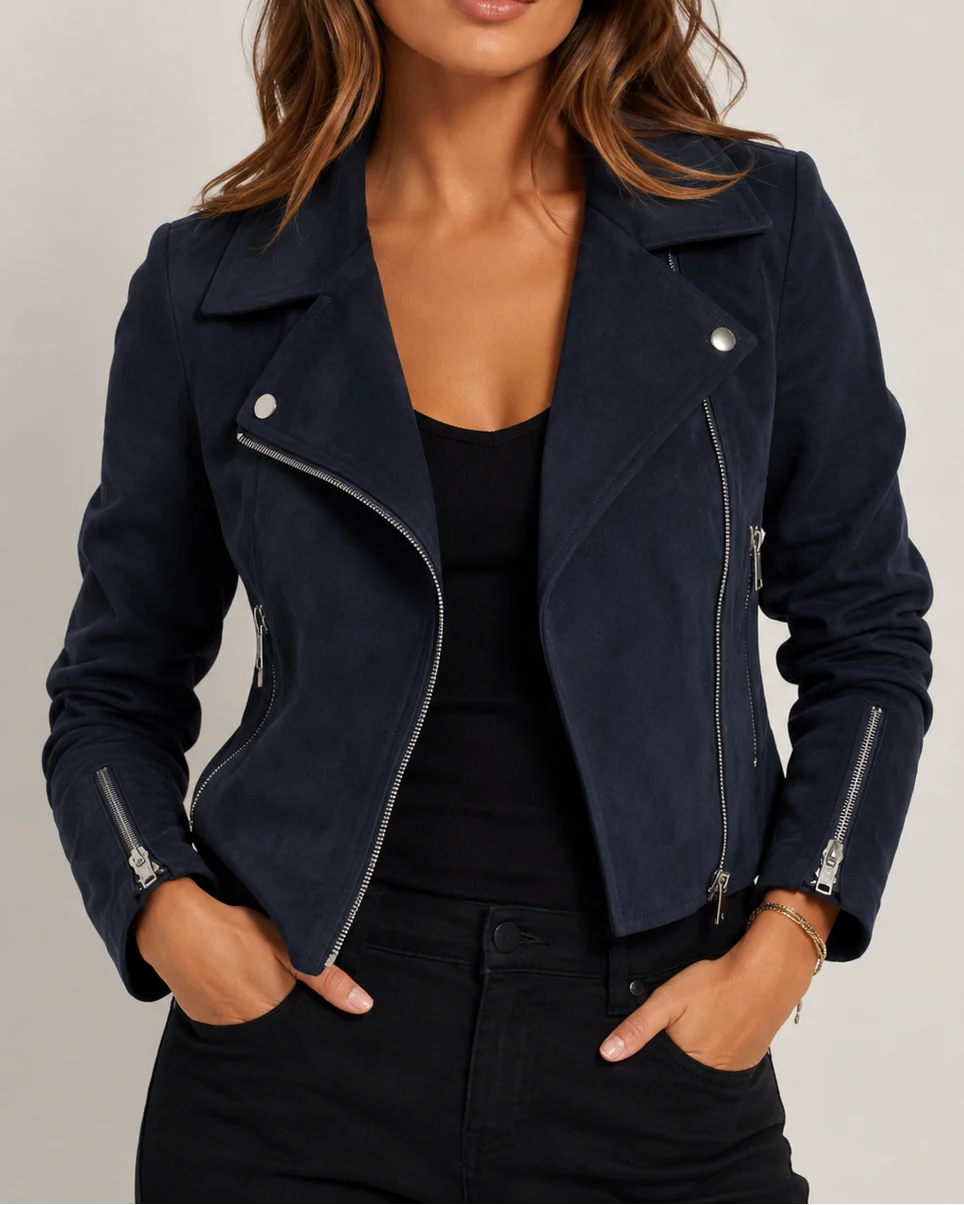 Blauwe cropped dames bikerjas met suèdelook en asymmetrische rits