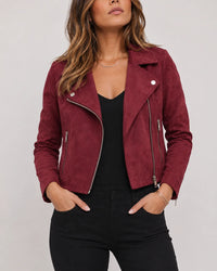 Bordeauxrode cropped dames bikerjas met suèdelook