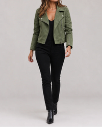 Korte groene bikerjas dames tot op de taille, volledige look