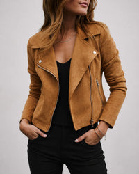 Khaki bikerjas dames met brede revers en ritszakken