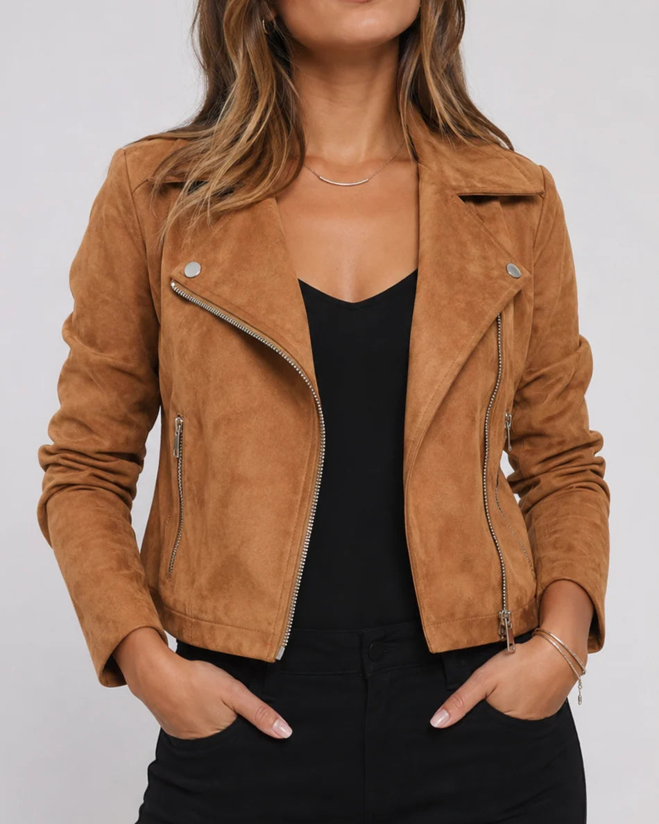 Khaki cropped dames bikerjas met suèdelook en asymmetrische rits