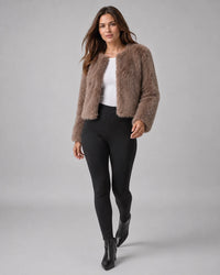 Donkerbruine cropped jas van imitatiebont dames, volledige look