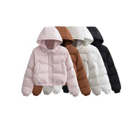 Alle vijf kleuren van de cropped puffer jas naast elkaar