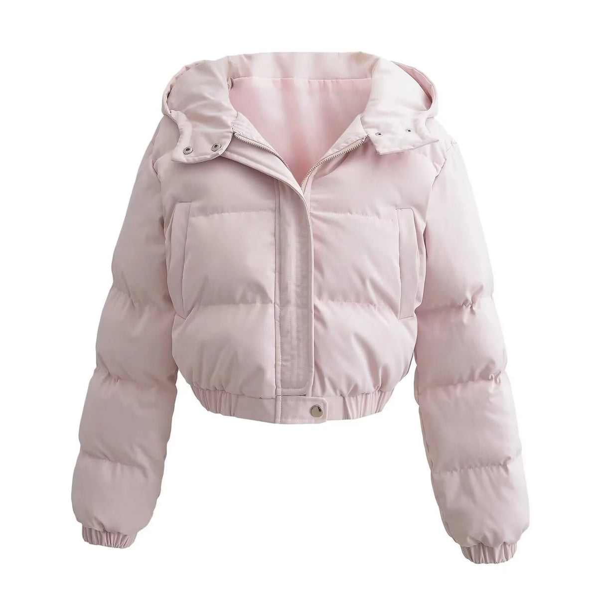 Roze cropped puffer jas voor dames met capuchon