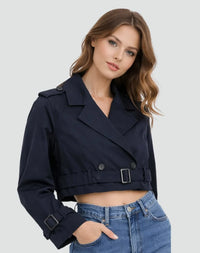 Donkerblauwe cropped trenchcoat voor dames met dubbele knoopsluiting
