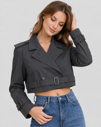 Donkergrijze cropped dames trenchcoat met reverskraag en manchetten