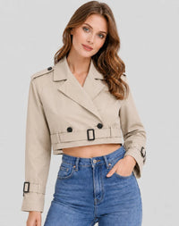 Khakikleurige cropped dames trenchcoat met ceintuur en reverskraag