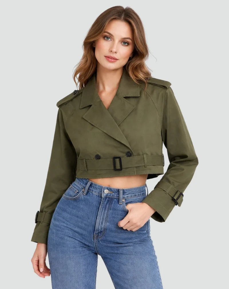 Legergroene cropped trenchcoat voor dames met ceintuur en dubbele knopen