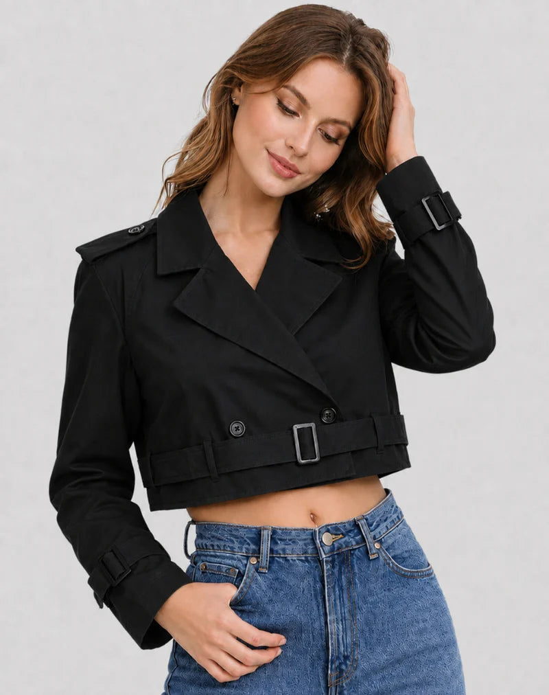 Zwarte cropped dames trenchcoat met reverskraag en lange mouwen