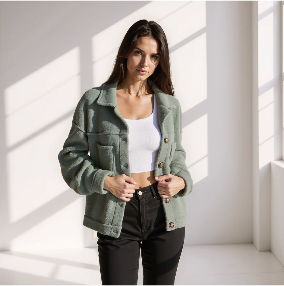 Groene cropped teddy jas voor dames met puntkraag en borstzakken, voorkant