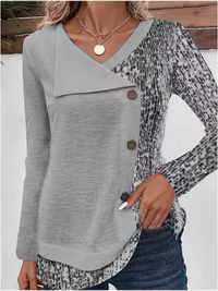 Grijze dames blouse met V-overslag en geribd voorpand