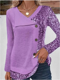 Paarse blouse met houtlook knopen en contrasterende mouwen