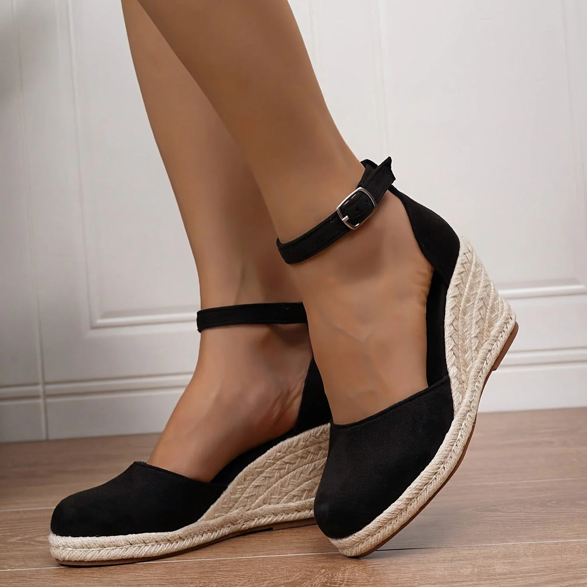 Zwarte espadrille sandalen dames met sleehak en enkelbandje