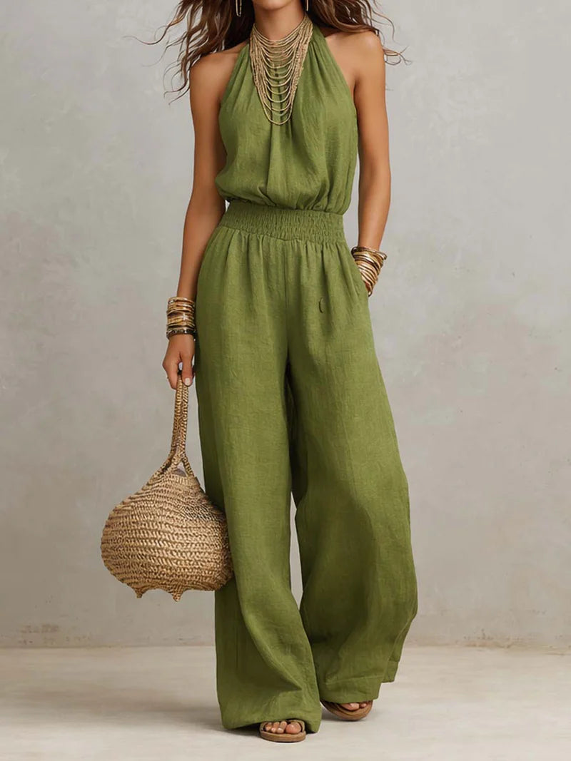 Groene luchtige jumpsuit met gesmockte taille