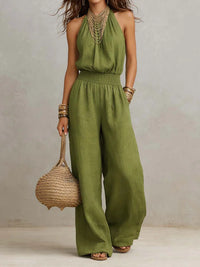 Groene luchtige jumpsuit met gesmockte taille