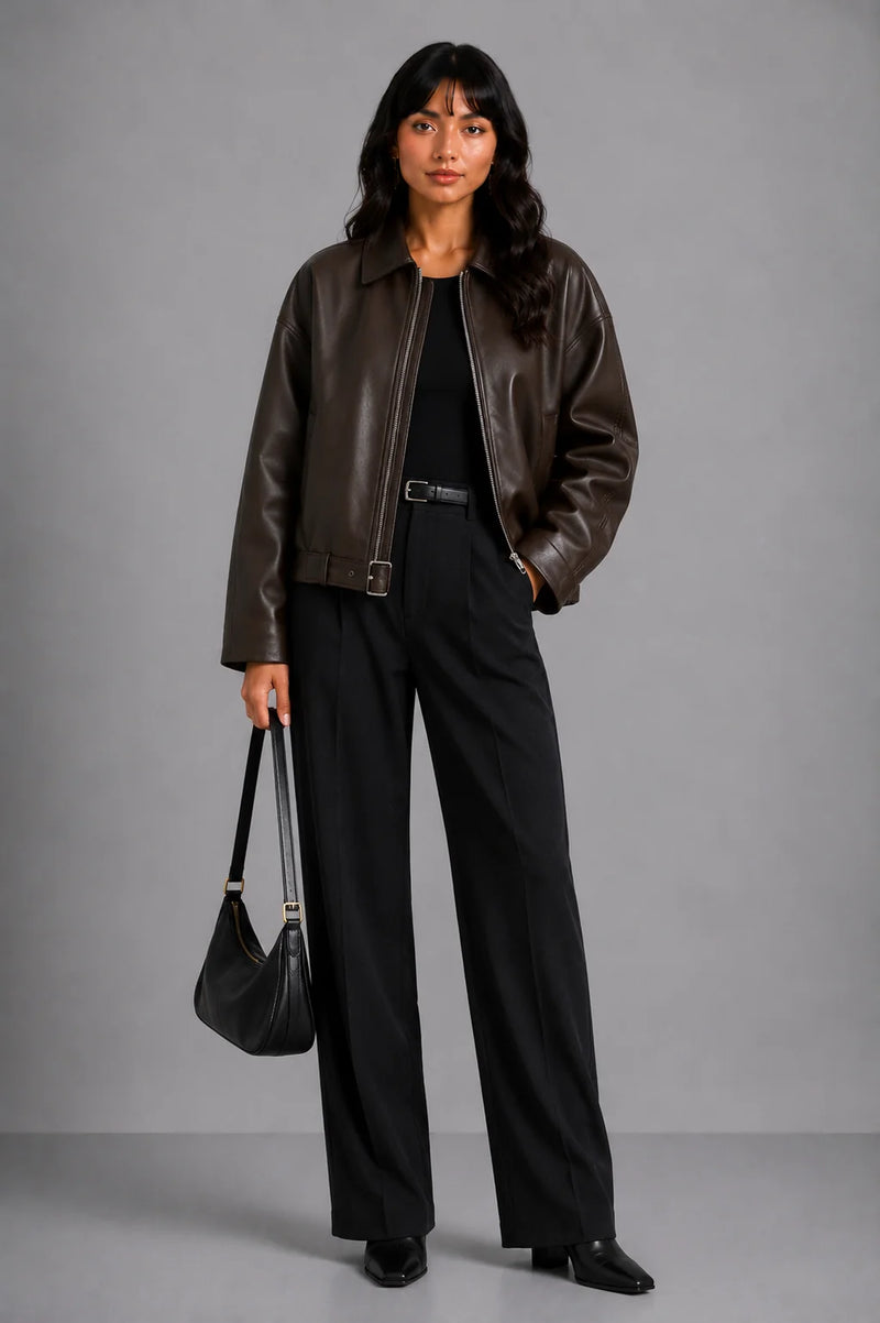 Vrouw draagt donkerbruine oversized dames jas met leren look open over zwarte top en zwarte wijde pantalon