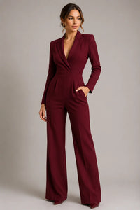Bordeauxrode jumpsuit dames met revers en uitlopende pijpen