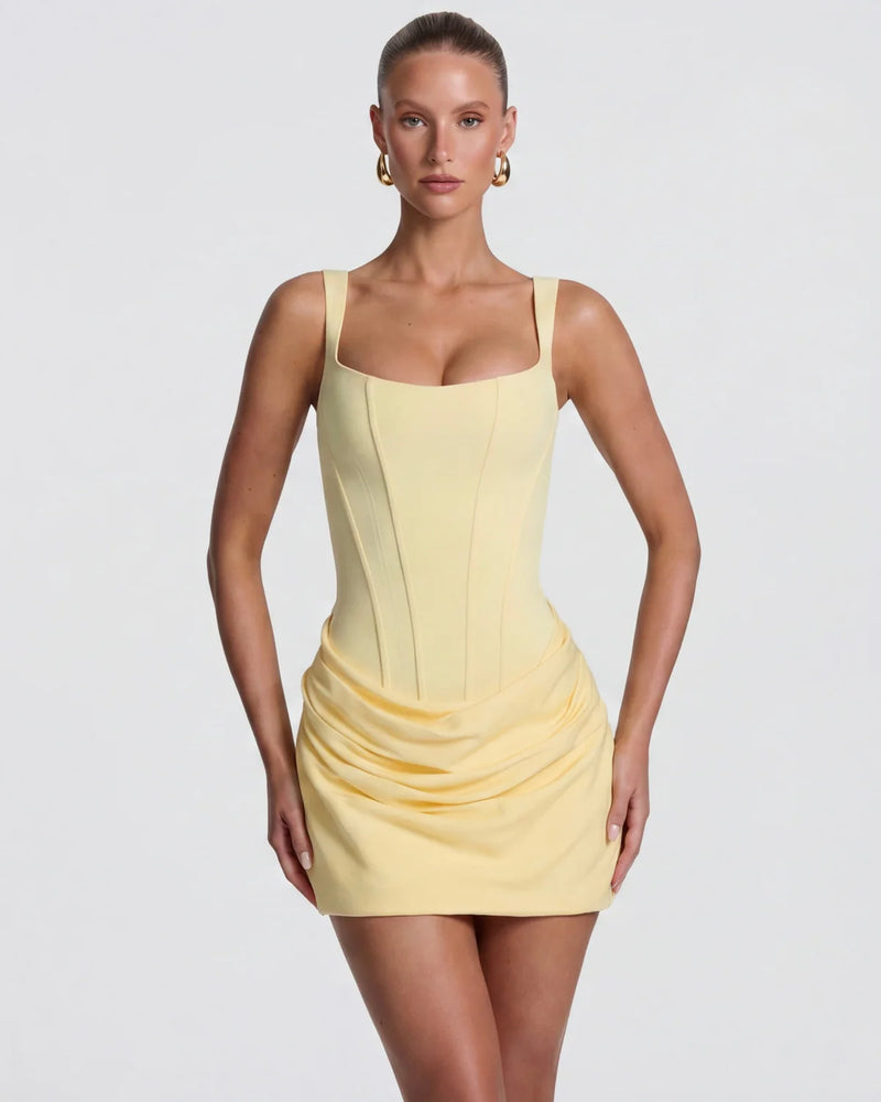 Lichtgele mini jurk dames met getailleerde taille en gedrapeerde rok