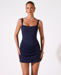 Marineblauwe mini jurk dames met vierkante halslijn