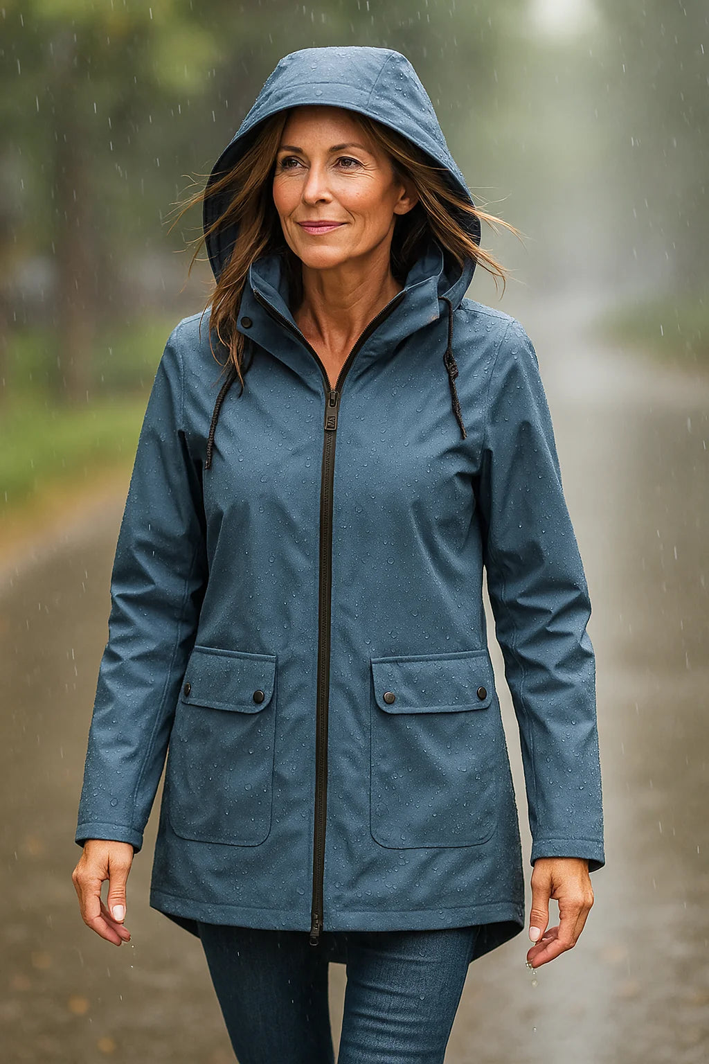 Vrouw in blauwe dames parka met capuchon op een regenachtige dag