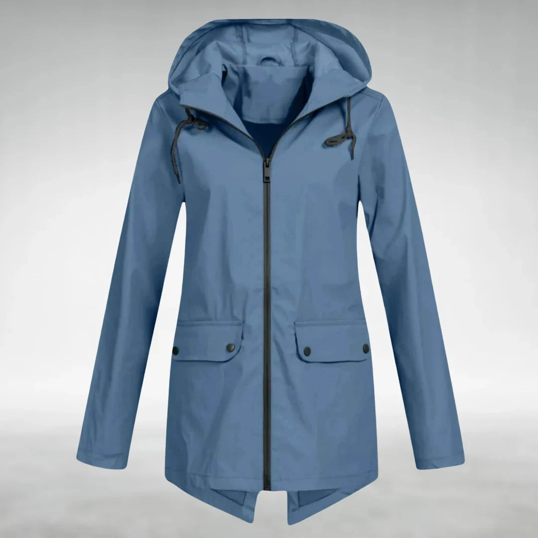 Blauwe dames parka met trekkoordcapuchon en klepzakken