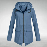 Blauwe dames parka met trekkoordcapuchon en klepzakken