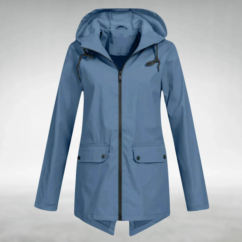 Blauwe dames parka met trekkoordcapuchon en klepzakken