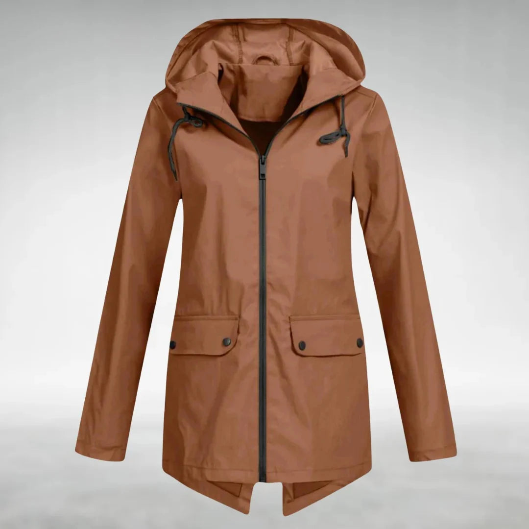 Bruine dames jas met capuchon en verlengde achterzoom