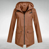 Bruine dames jas met capuchon en verlengde achterzoom