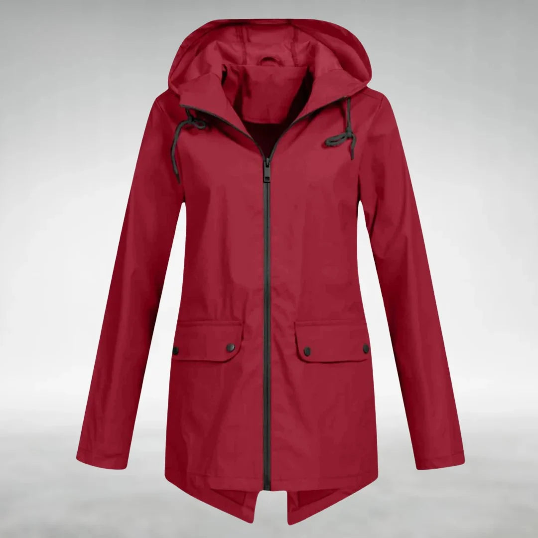 Wijnrode dames parka met capuchon en licht uitlopende zoom