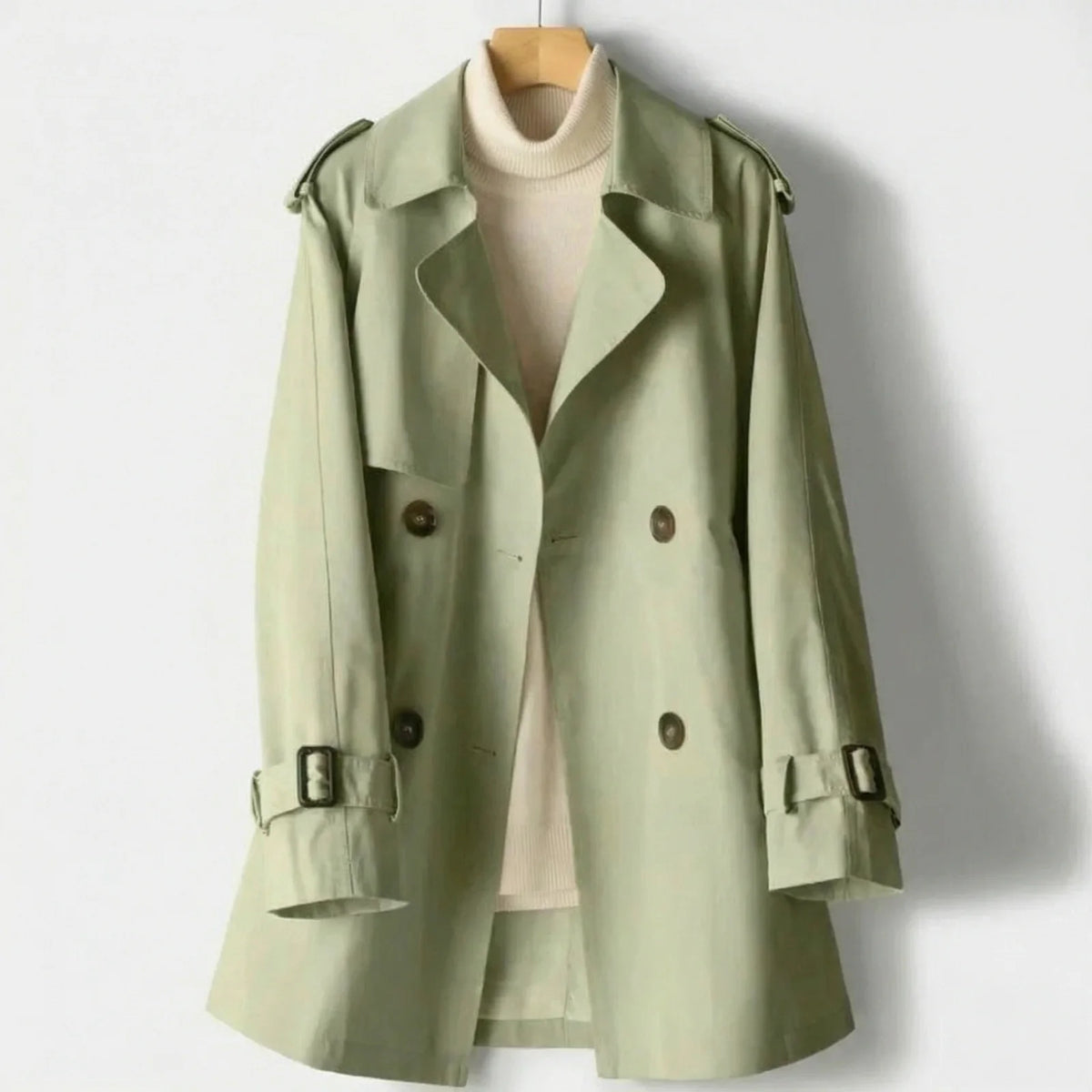 Groene dames trenchcoat met ceintuur en epauletten