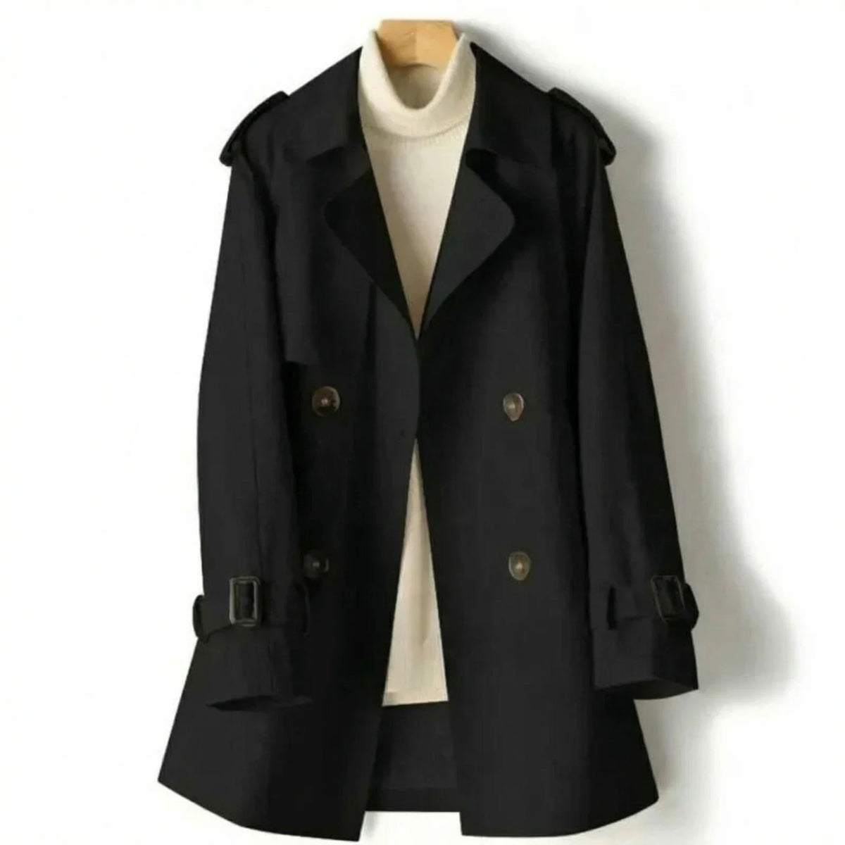 Zwarte dames trenchcoat met ceintuur en epauletten