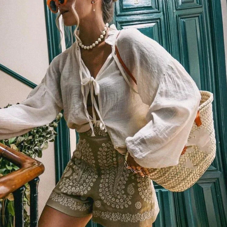 Linnen Shorts in Boho-stijl met Bloemenborduursel – Luchtig & Vrouwelijk – Domitille